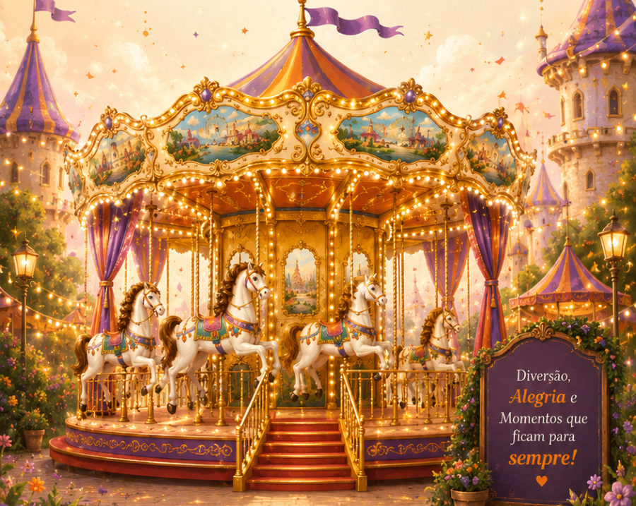 Ilustração de um carrossel clássico iluminado, com cavalinhos brancos, balões e torres de um parque encantado